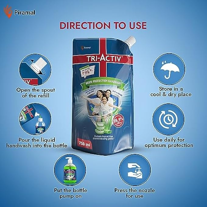 TRI-ACTIV LIQUID HANDWASH REFILL | 750ML X PACK OF 1 (750ML) | PROTECTS FROM 99.9% DISEASE CAUSING GERMS | HAND WASH REFILL PACKS WITH ALOEVERA & AVOCADO | LIQUID SOAP | GENTLE ON HANDS & SAFE ON SKIN - Image 5